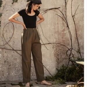 Doen Zora Pants, Olive Green Sz 2- High Waisted Linen Cotton Trousers